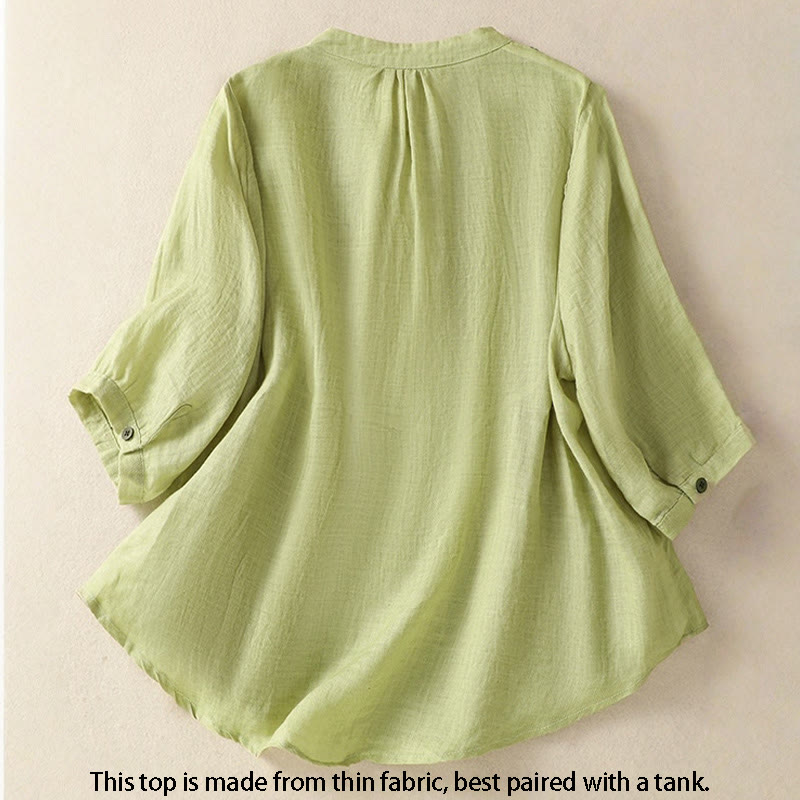 Nimara Ritual Embroidery Single Breasted Women's Cotton Linen Three Quarter Sleeve Shirt