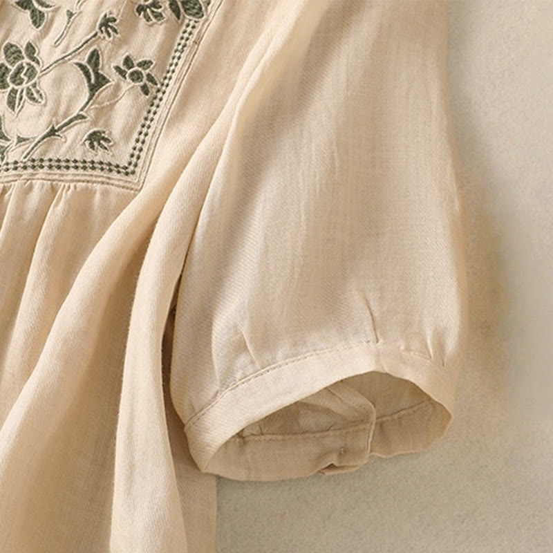 Nimara Ritual Embroidery Single Breasted Women's Cotton Linen Three Quarter Sleeve Shirt