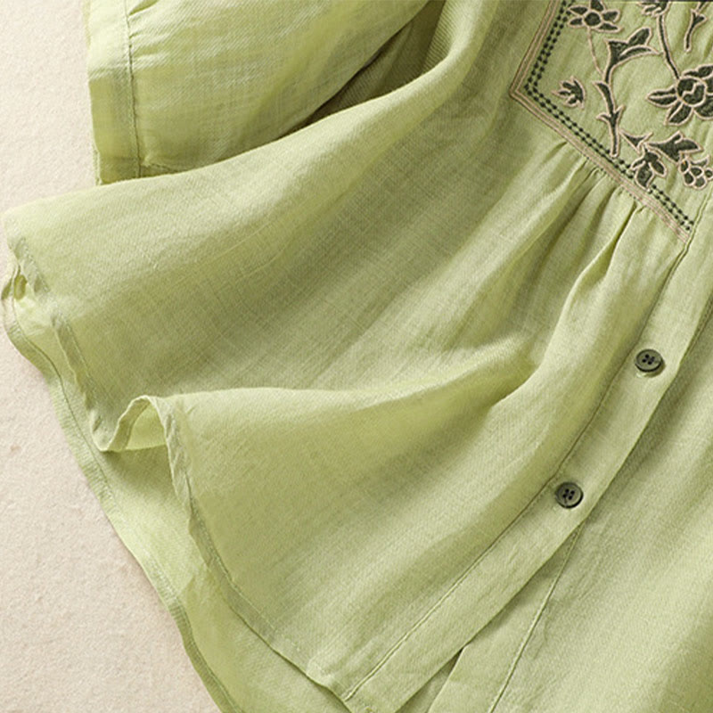 Nimara Ritual Embroidery Single Breasted Women's Cotton Linen Three Quarter Sleeve Shirt