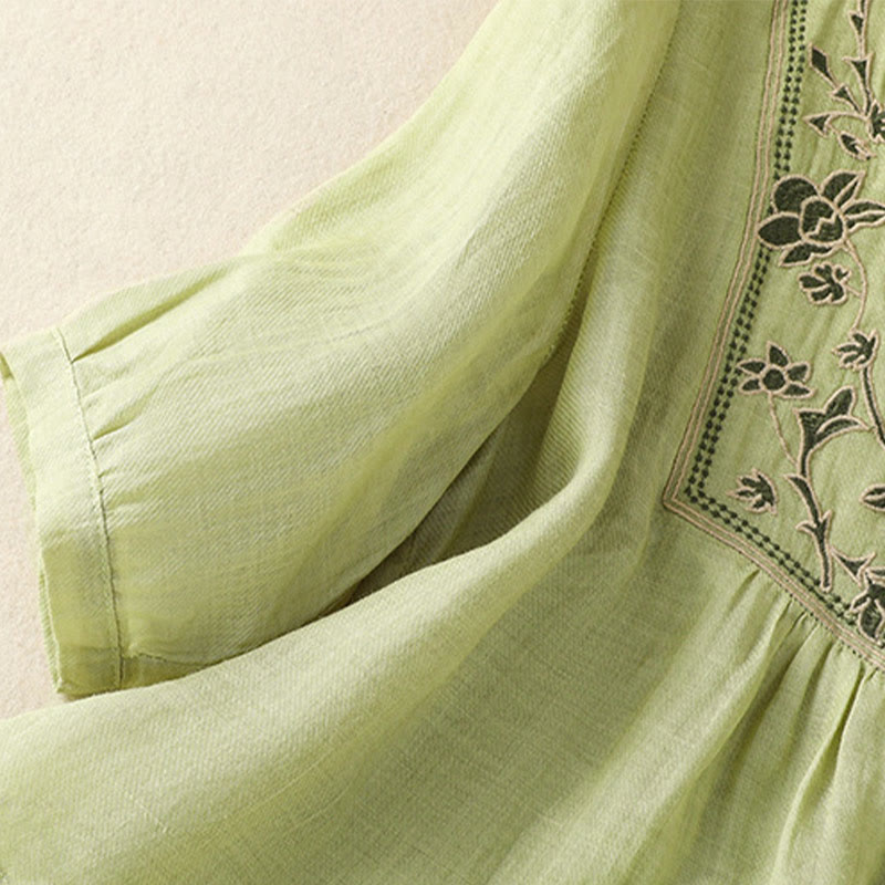 Nimara Ritual Embroidery Single Breasted Women's Cotton Linen Three Quarter Sleeve Shirt