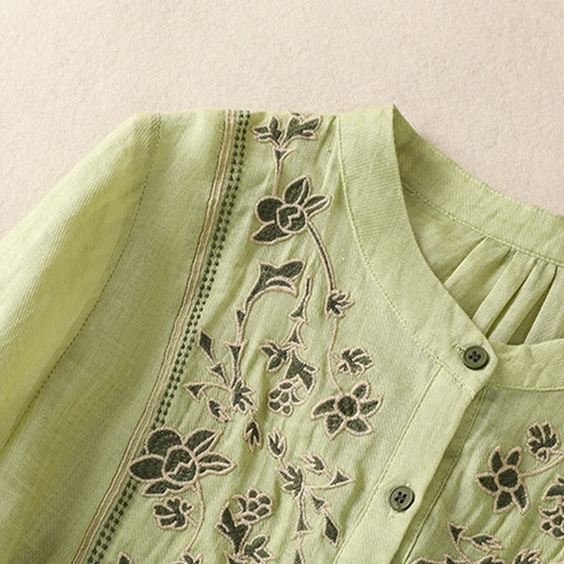 Nimara Ritual Embroidery Single Breasted Women's Cotton Linen Three Quarter Sleeve Shirt