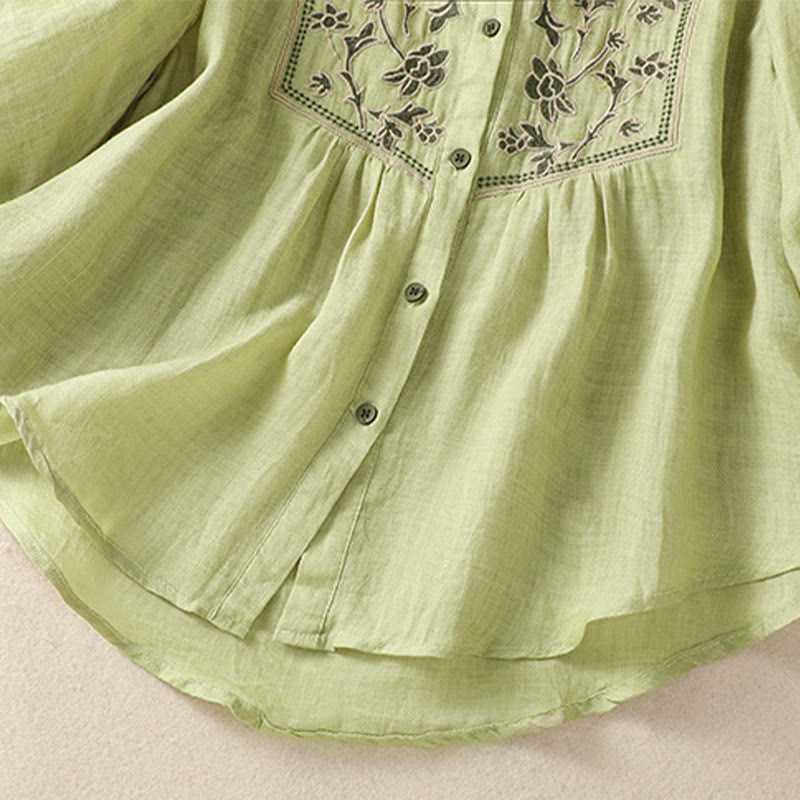Nimara Ritual Embroidery Single Breasted Women's Cotton Linen Three Quarter Sleeve Shirt