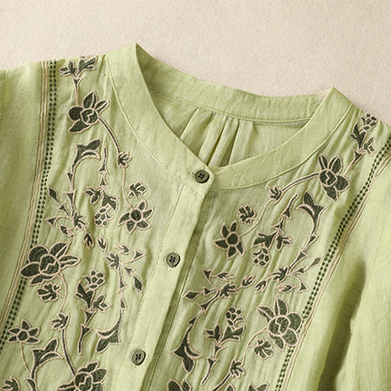 Nimara Ritual Embroidery Single Breasted Women's Cotton Linen Three Quarter Sleeve Shirt