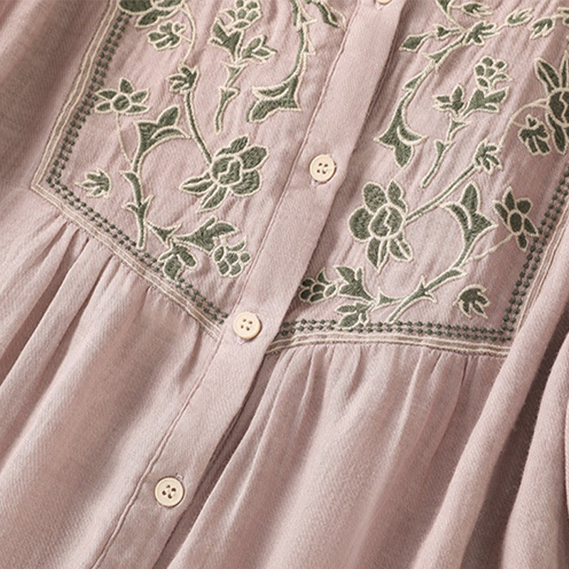 Nimara Ritual Embroidery Single Breasted Women's Cotton Linen Three Quarter Sleeve Shirt