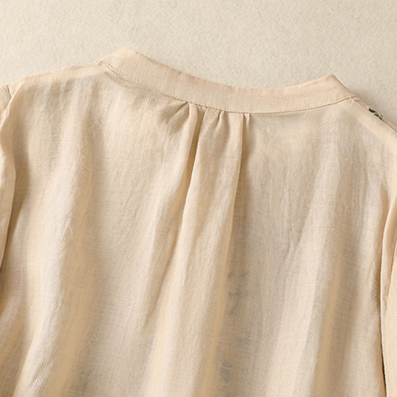 Nimara Ritual Embroidery Single Breasted Women's Cotton Linen Three Quarter Sleeve Shirt
