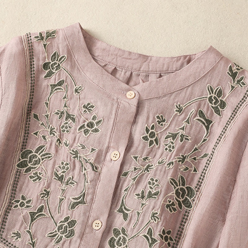 Nimara Ritual Embroidery Single Breasted Women's Cotton Linen Three Quarter Sleeve Shirt