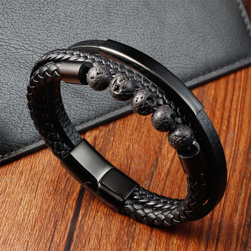 Nimara Ritual Leather Titanium Steel Lava Rock Strengthen Buckle Bracelet