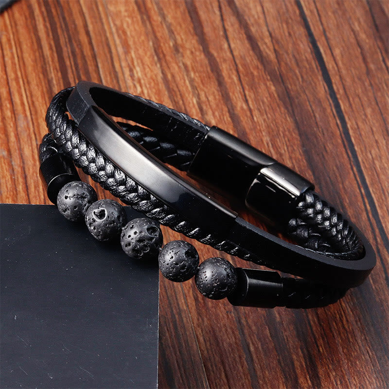 Nimara Ritual Leather Titanium Steel Lava Rock Strengthen Buckle Bracelet
