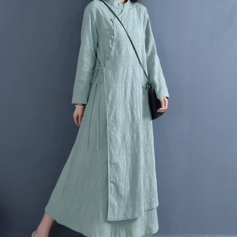 Nimara Ritual Spring Casual Plain Frog-Button Design Side Lace-Up Midi Dress