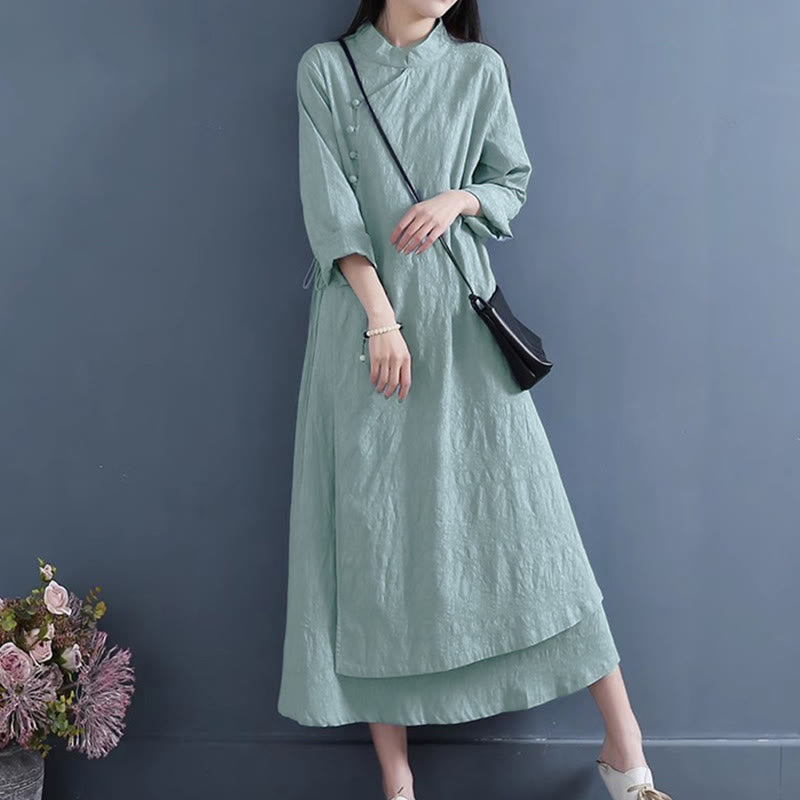 Nimara Ritual Spring Casual Plain Frog-Button Design Side Lace-Up Midi Dress