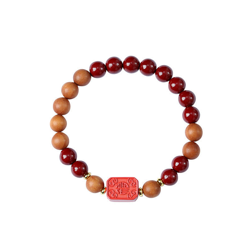 Nimara Ritual Cinnabar Wood Beads Lotus Fu Character Blessing Bracelet