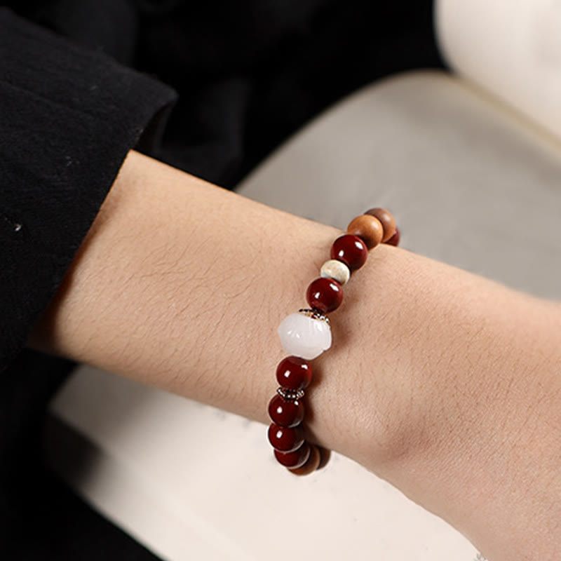 Nimara Ritual Cinnabar Wood Beads Lotus Fu Character Blessing Bracelet