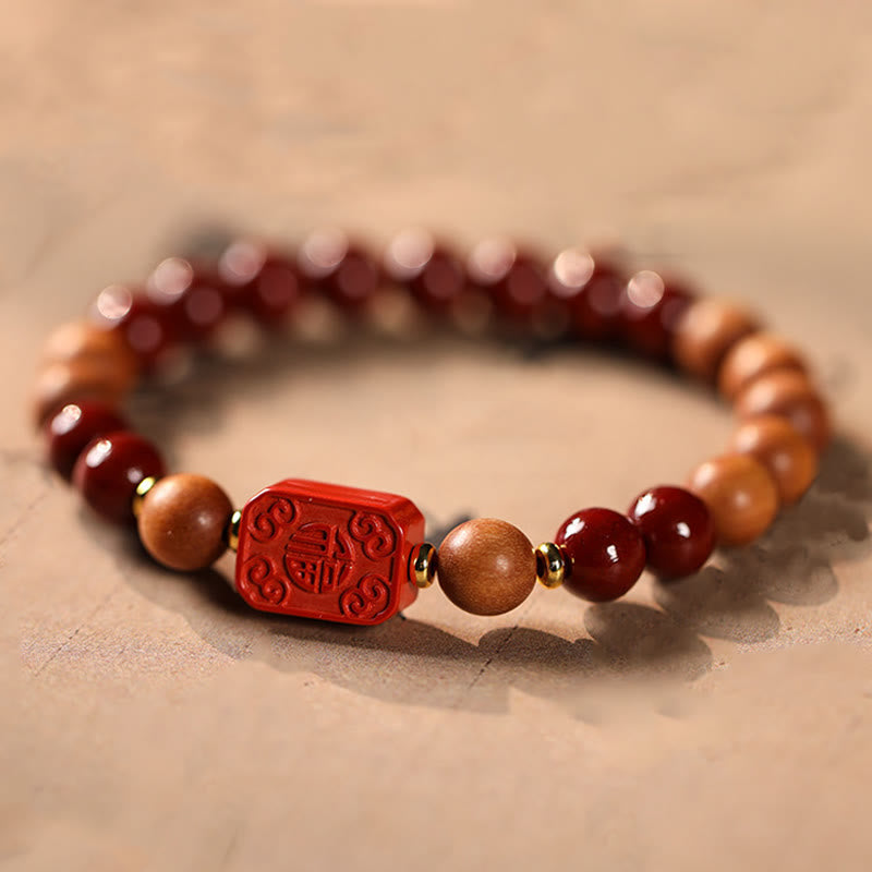Nimara Ritual Cinnabar Wood Beads Lotus Fu Character Blessing Bracelet