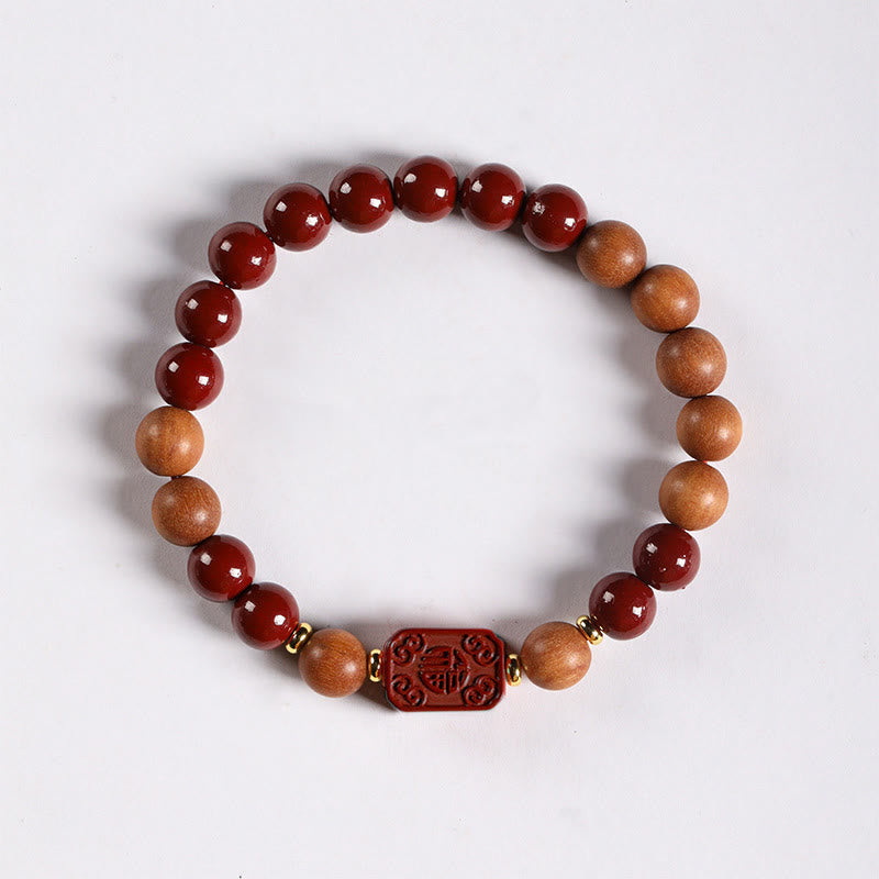 Nimara Ritual Cinnabar Wood Beads Lotus Fu Character Blessing Bracelet