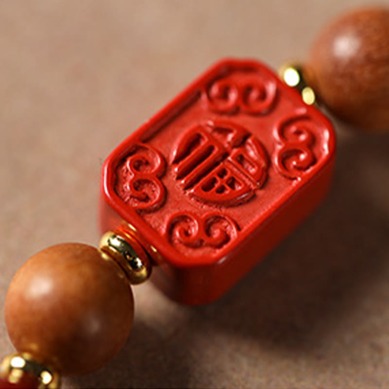 Nimara Ritual Cinnabar Wood Beads Lotus Fu Character Blessing Bracelet
