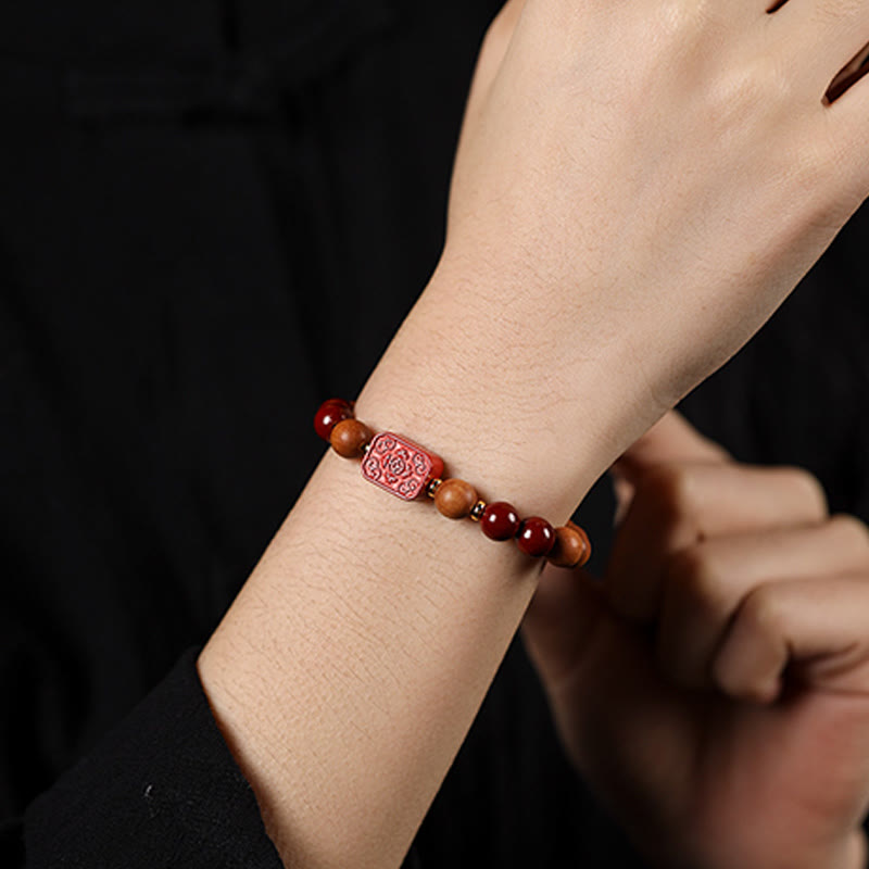 Nimara Ritual Cinnabar Wood Beads Lotus Fu Character Blessing Bracelet