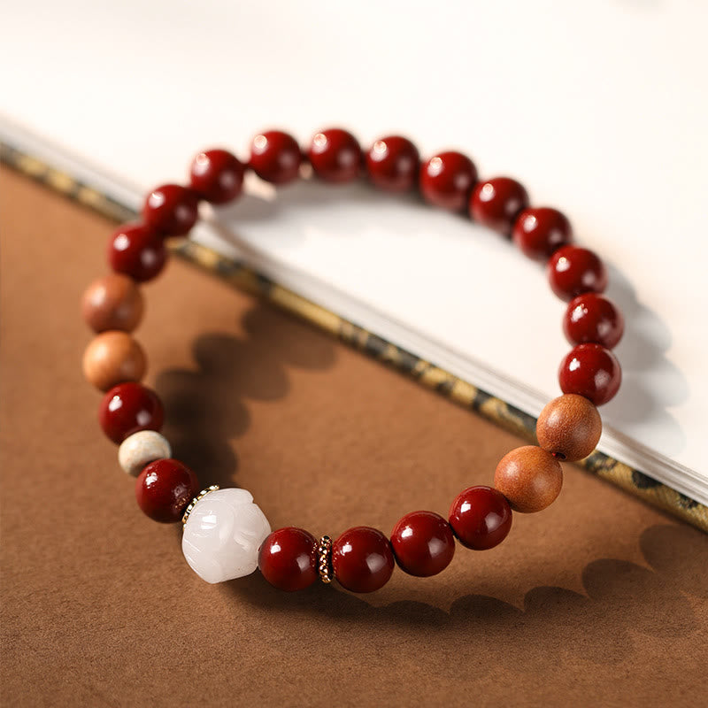 Nimara Ritual Cinnabar Wood Beads Lotus Fu Character Blessing Bracelet
