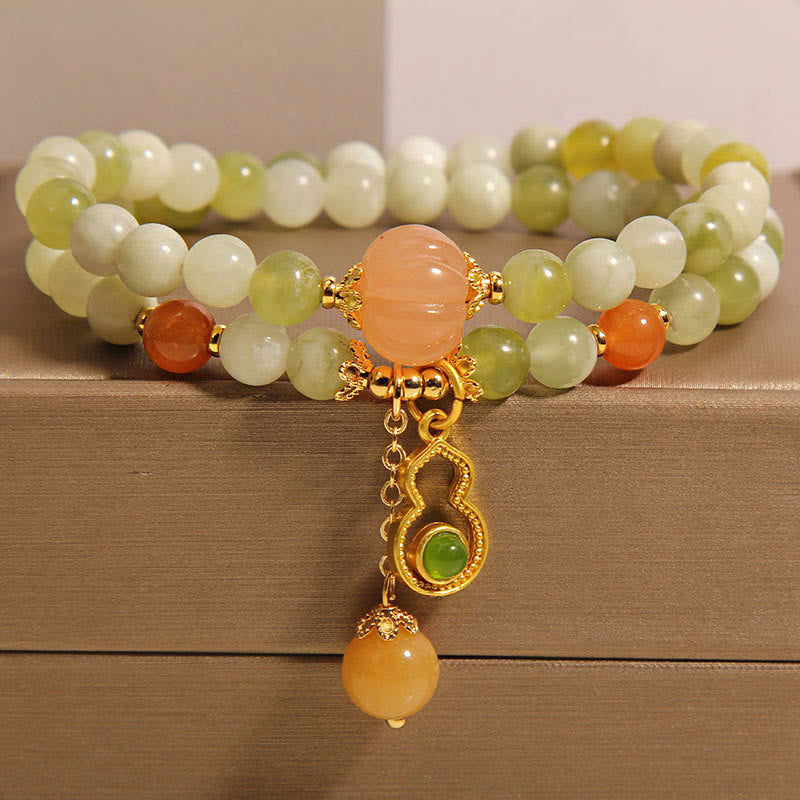 Nimara Ritual Double Wrap Gourd Pumpkin Green Grape Serpentine Jade Luck Bracelet