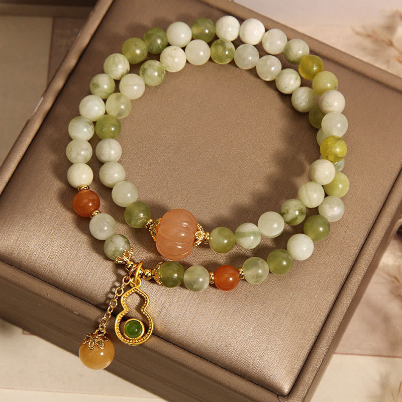 Nimara Ritual Double Wrap Gourd Pumpkin Green Grape Serpentine Jade Luck Bracelet