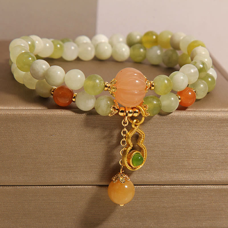 Nimara Ritual Double Wrap Gourd Pumpkin Green Grape Serpentine Jade Luck Bracelet