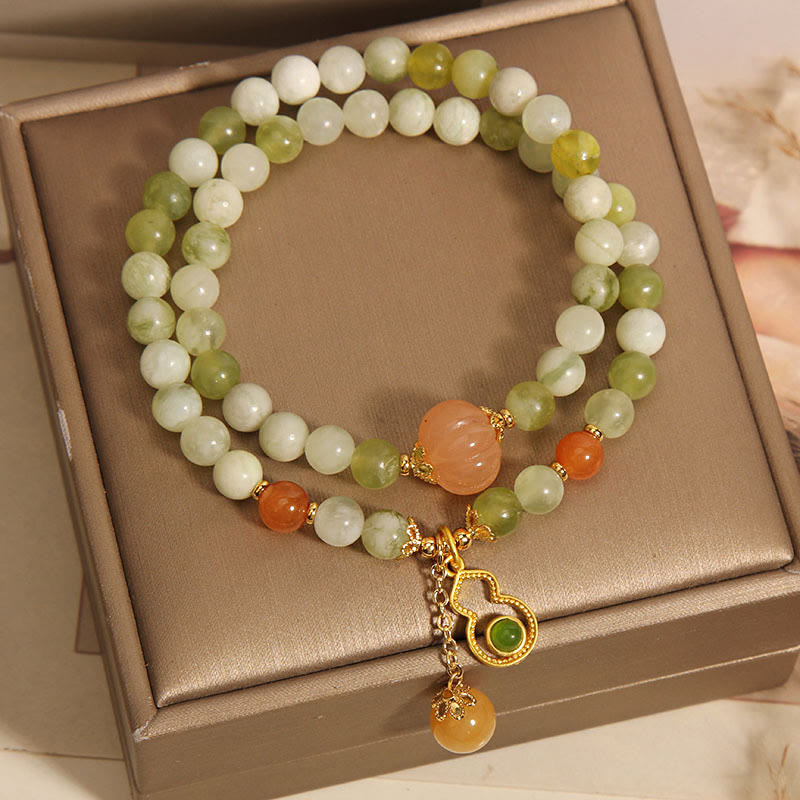 Nimara Ritual Double Wrap Gourd Pumpkin Green Grape Serpentine Jade Luck Bracelet