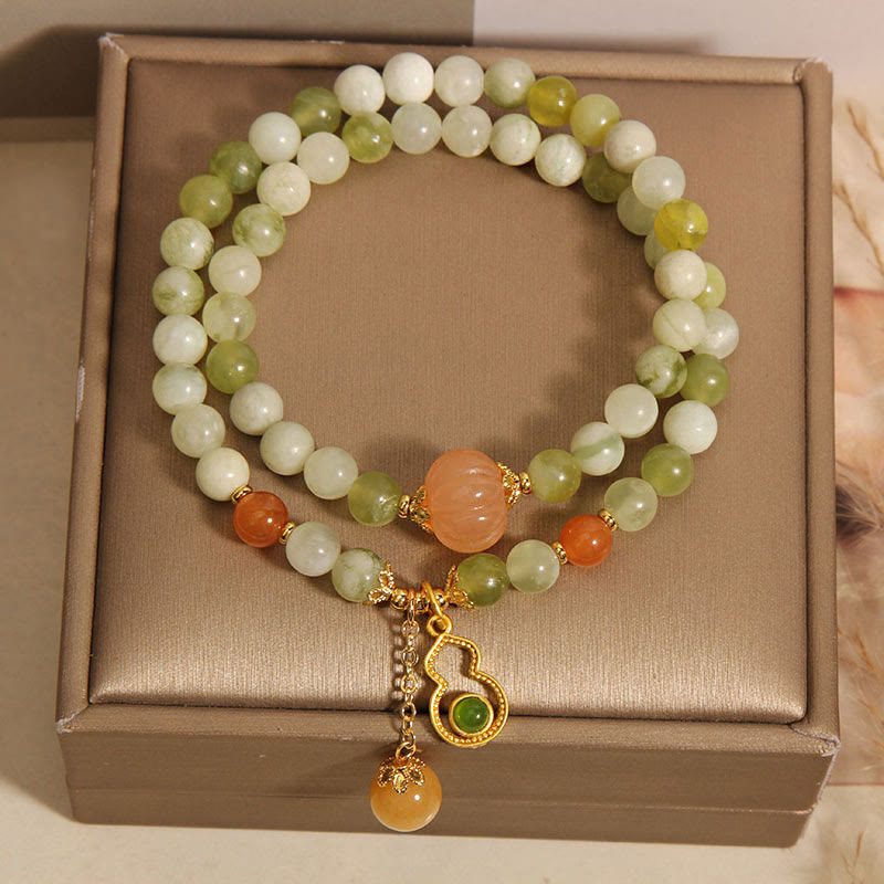 Nimara Ritual Double Wrap Gourd Pumpkin Green Grape Serpentine Jade Luck Bracelet