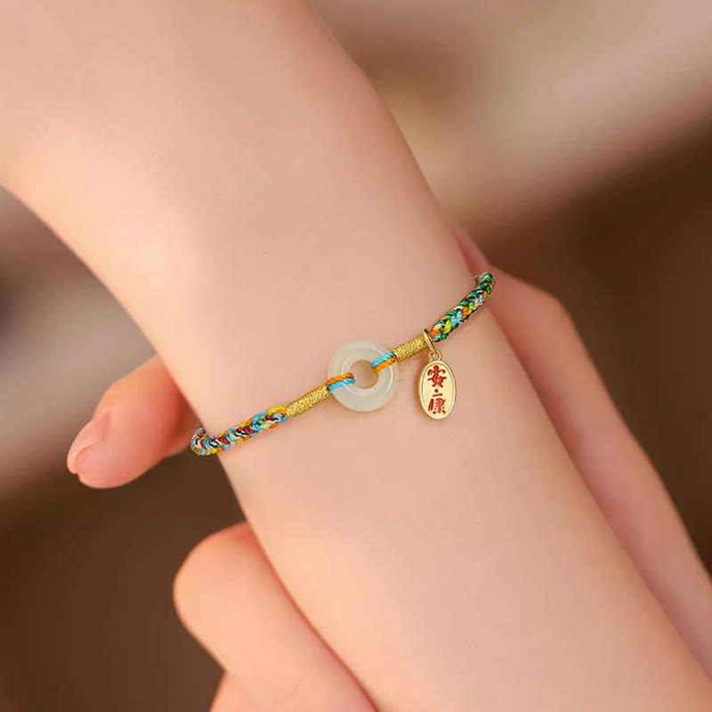 Nimara Ritual Handmade Peace Buckle Jade Prosperity 925 Sterling Silver Colorful Rope Bracelet