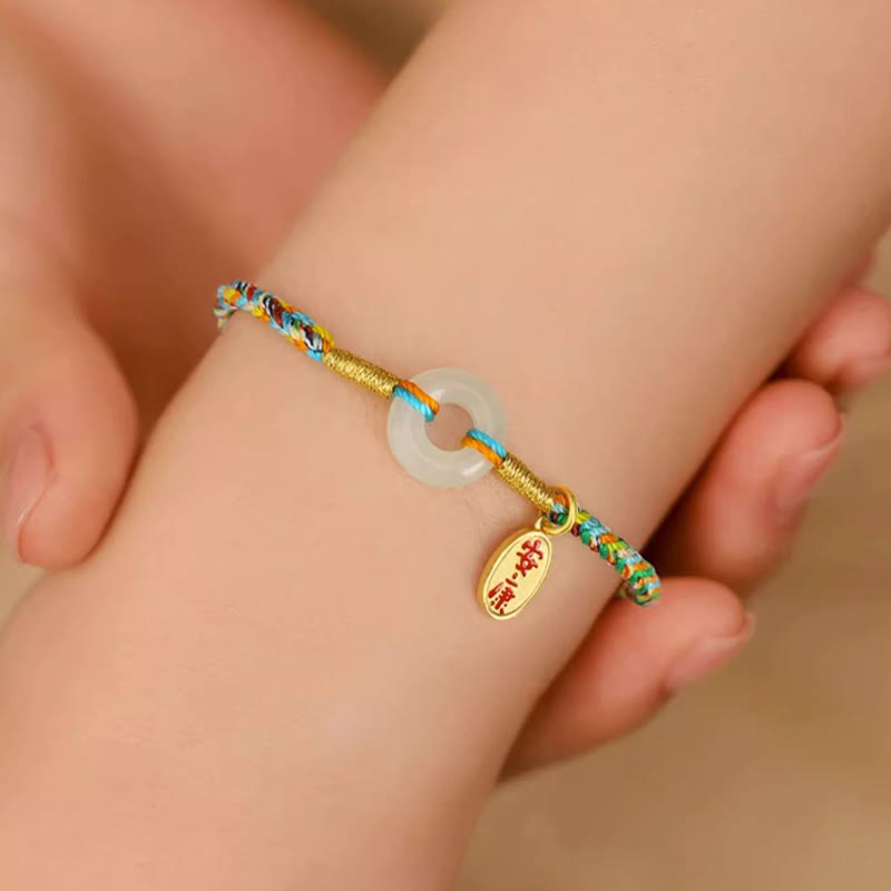 Nimara Ritual Handmade Peace Buckle Jade Prosperity 925 Sterling Silver Colorful Rope Bracelet
