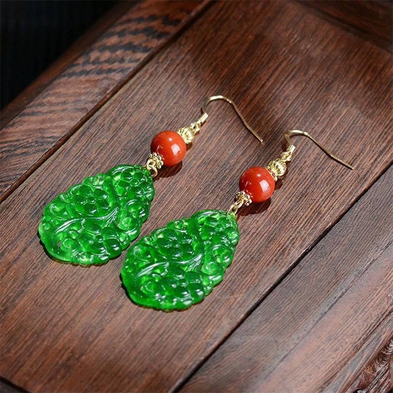 Nimara Ritual Water Droplet Hollow Shape Jade Red Agate 925 Sterling Silver Luck Earrings