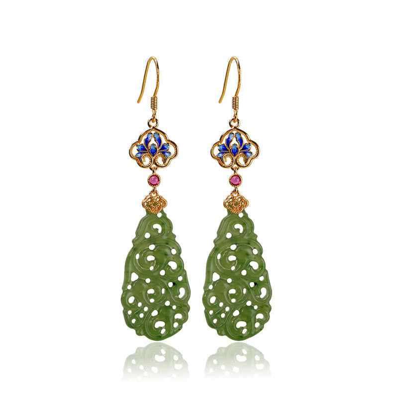 Nimara Ritual Hollow Hetian Jade Enamel 925 Sterling Silver Prosperity Earrings