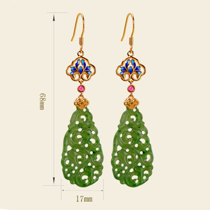 Nimara Ritual Hollow Hetian Jade Enamel 925 Sterling Silver Prosperity Earrings