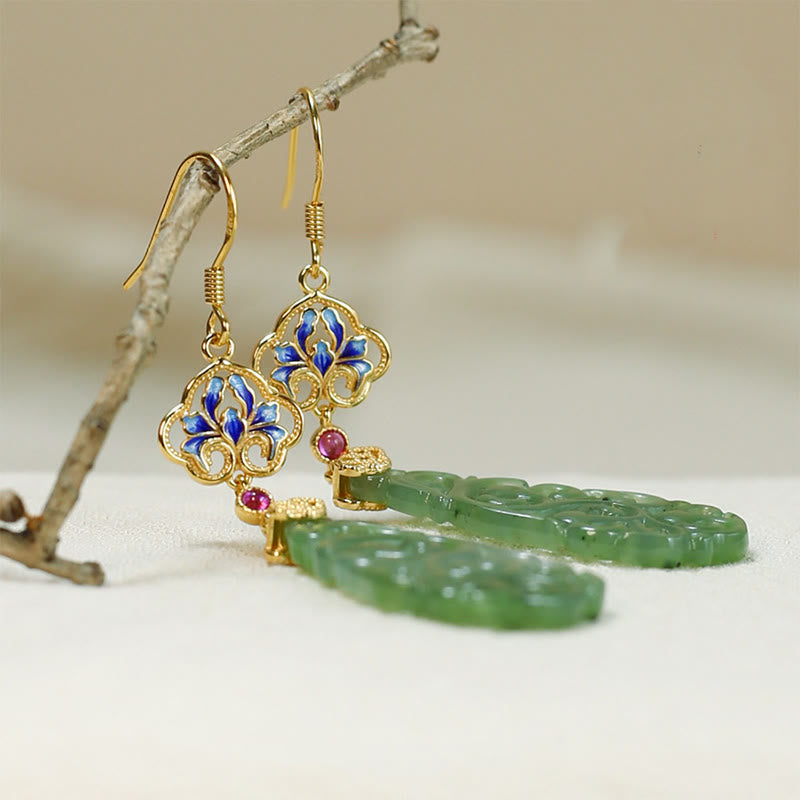 Nimara Ritual Hollow Hetian Jade Enamel 925 Sterling Silver Prosperity Earrings