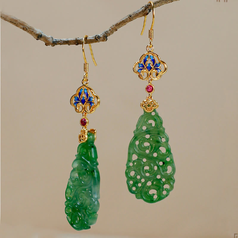 Nimara Ritual Hollow Hetian Jade Enamel 925 Sterling Silver Prosperity Earrings