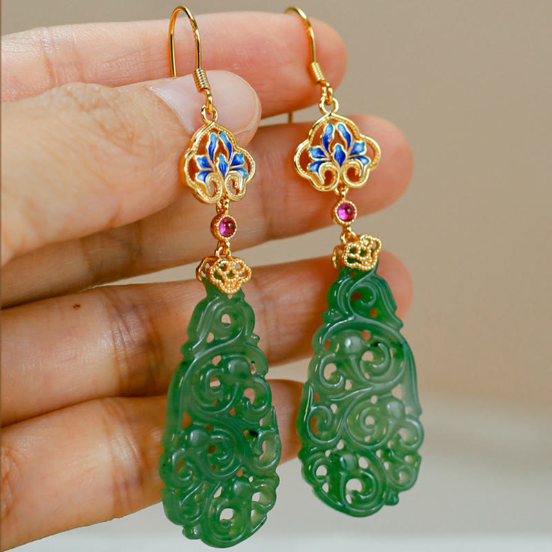 Nimara Ritual Hollow Hetian Jade Enamel 925 Sterling Silver Prosperity Earrings