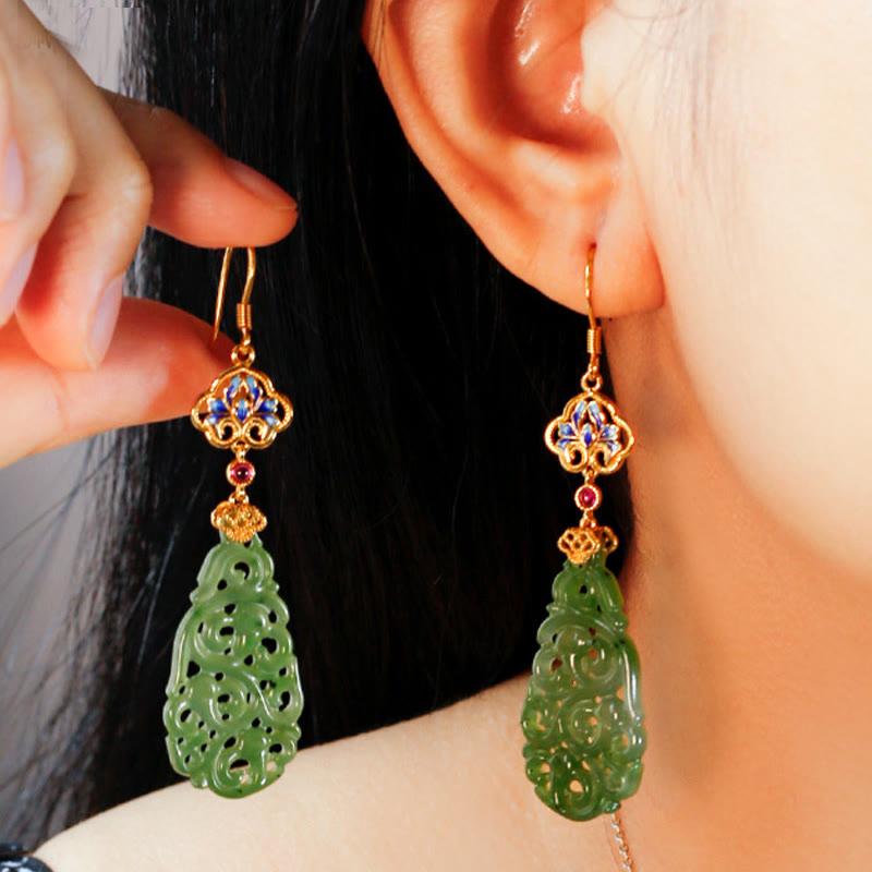Nimara Ritual Hollow Hetian Jade Enamel 925 Sterling Silver Prosperity Earrings