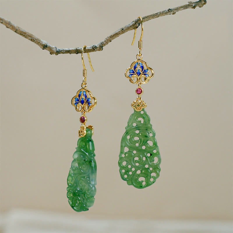 Nimara Ritual Hollow Hetian Jade Enamel 925 Sterling Silver Prosperity Earrings