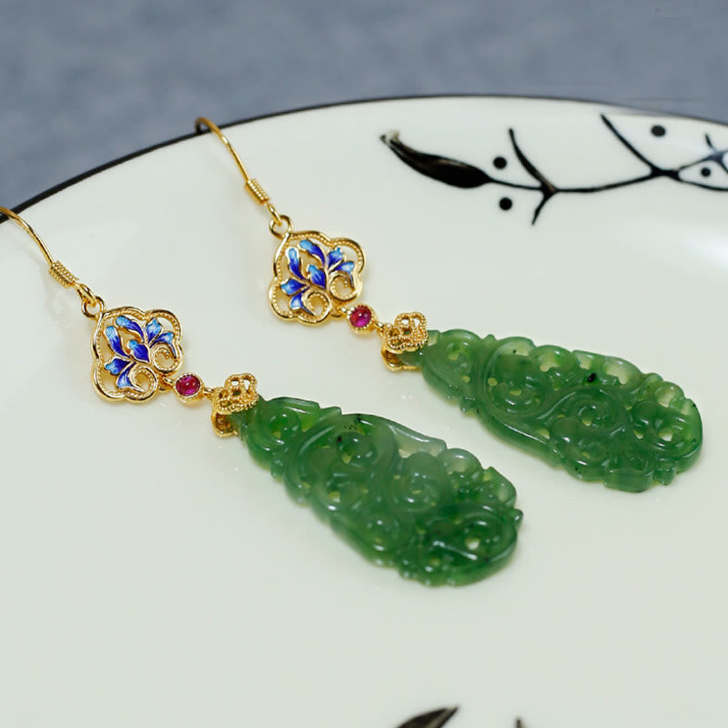 Nimara Ritual Hollow Hetian Jade Enamel 925 Sterling Silver Prosperity Earrings