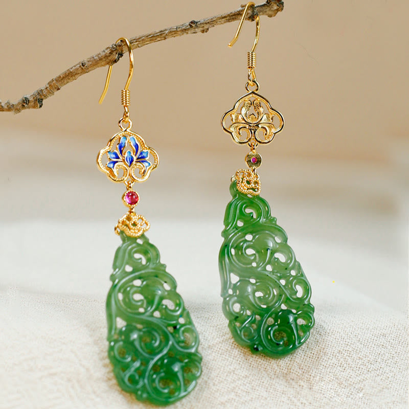 Nimara Ritual Hollow Hetian Jade Enamel 925 Sterling Silver Prosperity Earrings