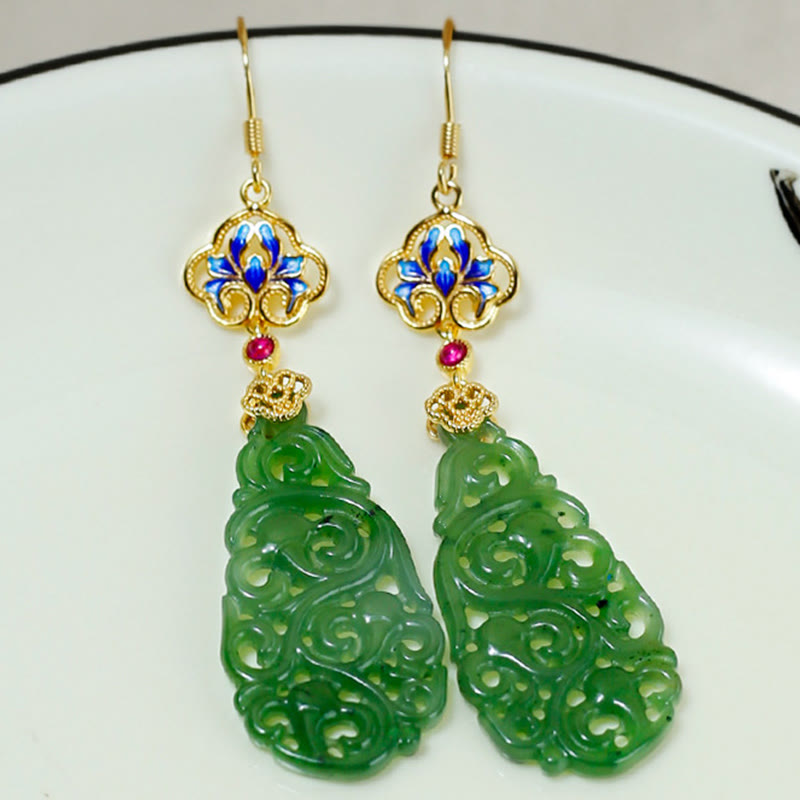 Nimara Ritual Hollow Hetian Jade Enamel 925 Sterling Silver Prosperity Earrings