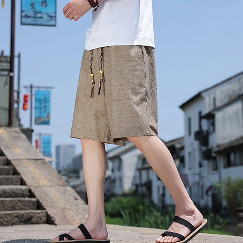 Nimara Ritual Weaving Waist Rope Beads Cropped Linen Men's Shorts With Pockets