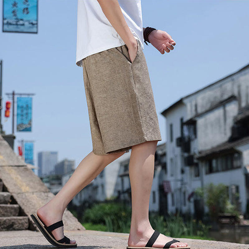 Nimara Ritual Weaving Waist Rope Beads Cropped Linen Men's Shorts With Pockets