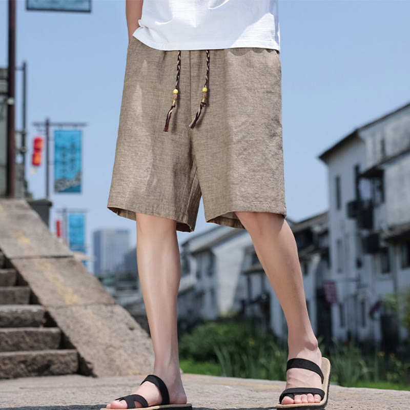 Nimara Ritual Weaving Waist Rope Beads Cropped Linen Men's Shorts With Pockets