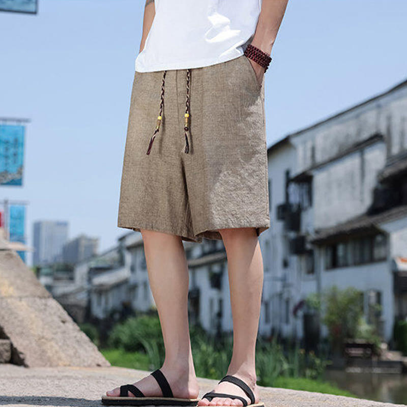 Nimara Ritual Weaving Waist Rope Beads Cropped Linen Men's Shorts With Pockets