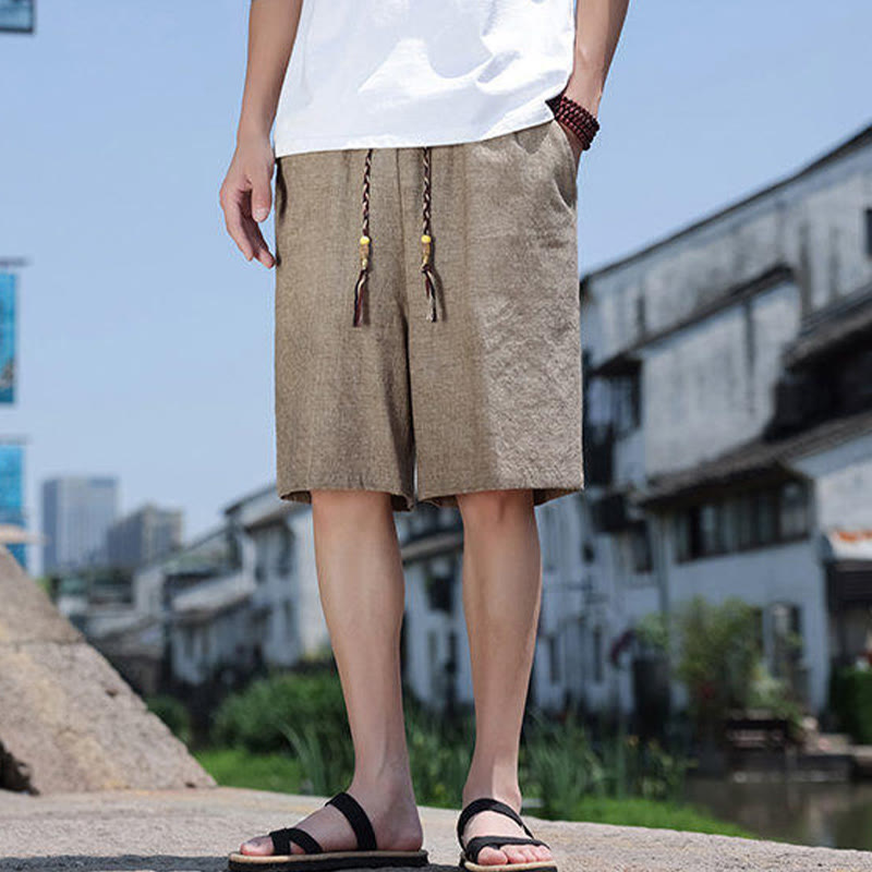 Nimara Ritual Weaving Waist Rope Beads Cropped Linen Men's Shorts With Pockets
