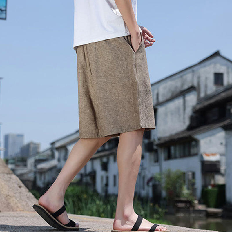 Nimara Ritual Weaving Waist Rope Beads Cropped Linen Men's Shorts With Pockets