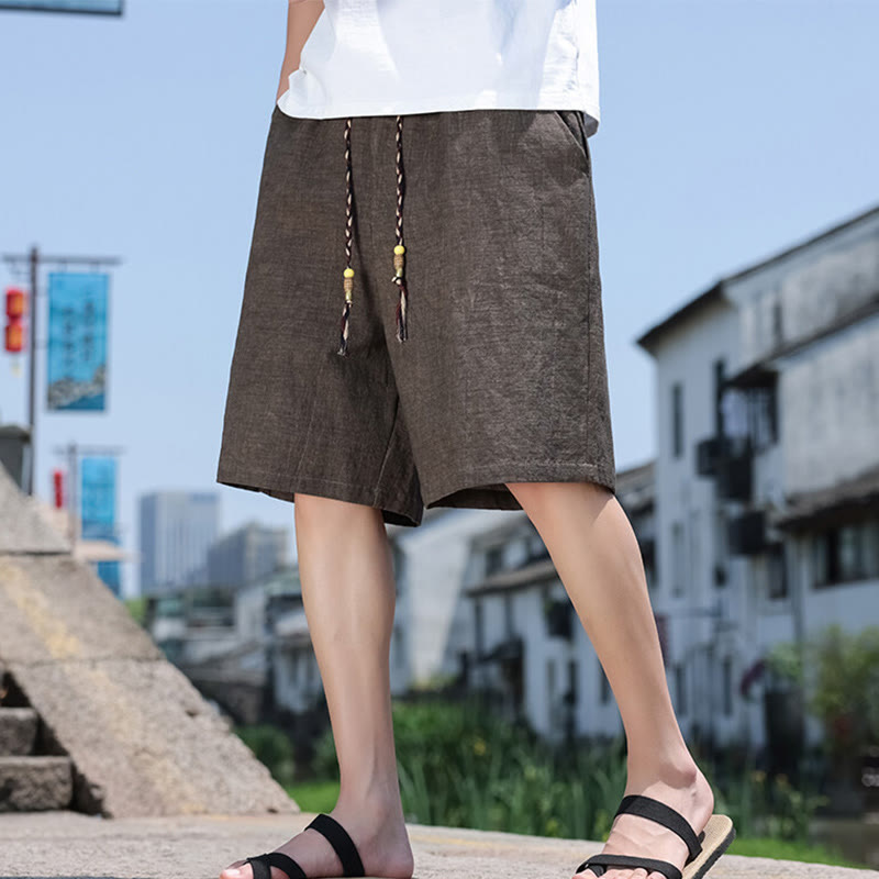 Nimara Ritual Weaving Waist Rope Beads Cropped Linen Men's Shorts With Pockets