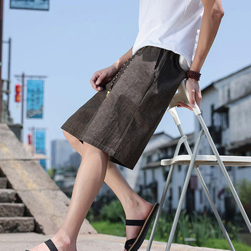 Nimara Ritual Weaving Waist Rope Beads Cropped Linen Men's Shorts With Pockets