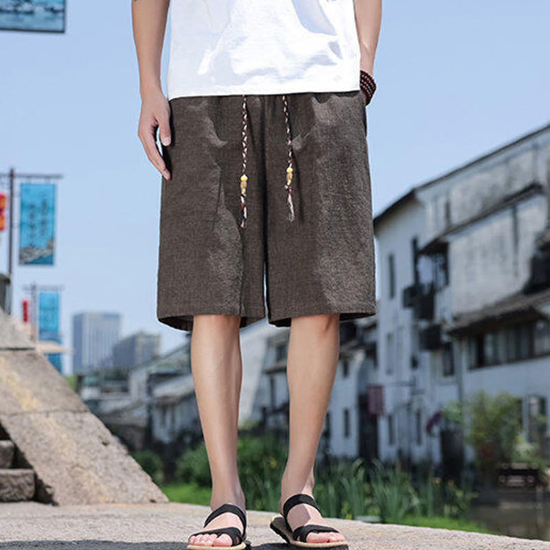 Nimara Ritual Weaving Waist Rope Beads Cropped Linen Men's Shorts With Pockets