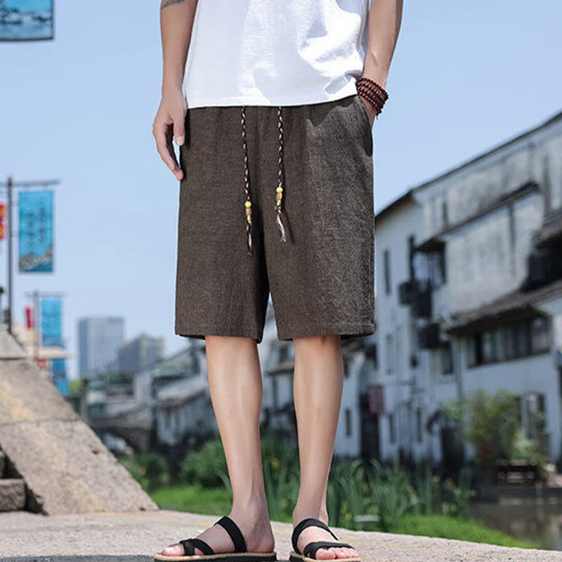 Nimara Ritual Weaving Waist Rope Beads Cropped Linen Men's Shorts With Pockets
