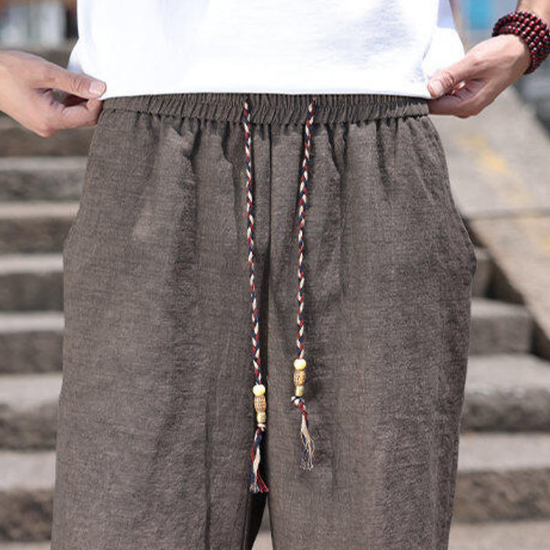 Nimara Ritual Weaving Waist Rope Beads Cropped Linen Men's Shorts With Pockets